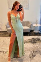 Load image into Gallery viewer, Sparkly Light Green Satin Beaded Mermaid Long Prom Dress with Slit