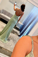 Load image into Gallery viewer, Sparkly Light Green Satin Beaded Mermaid Long Prom Dress with Slit