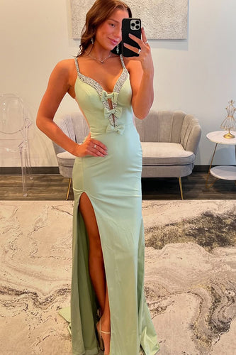 Sparkly Light Green Satin Beaded Mermaid Long Prom Dress with Slit