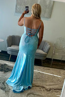 Load image into Gallery viewer, Sparkly Light Blue Corset Beaded Mermaid Long Prom Dress with Slit