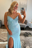 Load image into Gallery viewer, Sparkly Light Blue Corset Beaded Mermaid Long Prom Dress with Slit