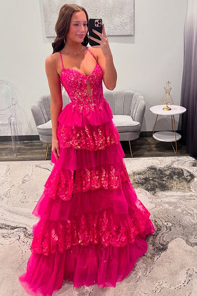 Princess Fuchsia Tulle Corset Long Ball Gown Prom Dress with Ruffles
