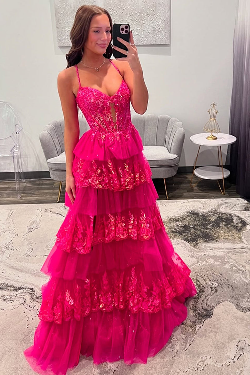 Load image into Gallery viewer, Princess Fuchsia Tulle Corset Long Ball Gown Prom Dress with Ruffles