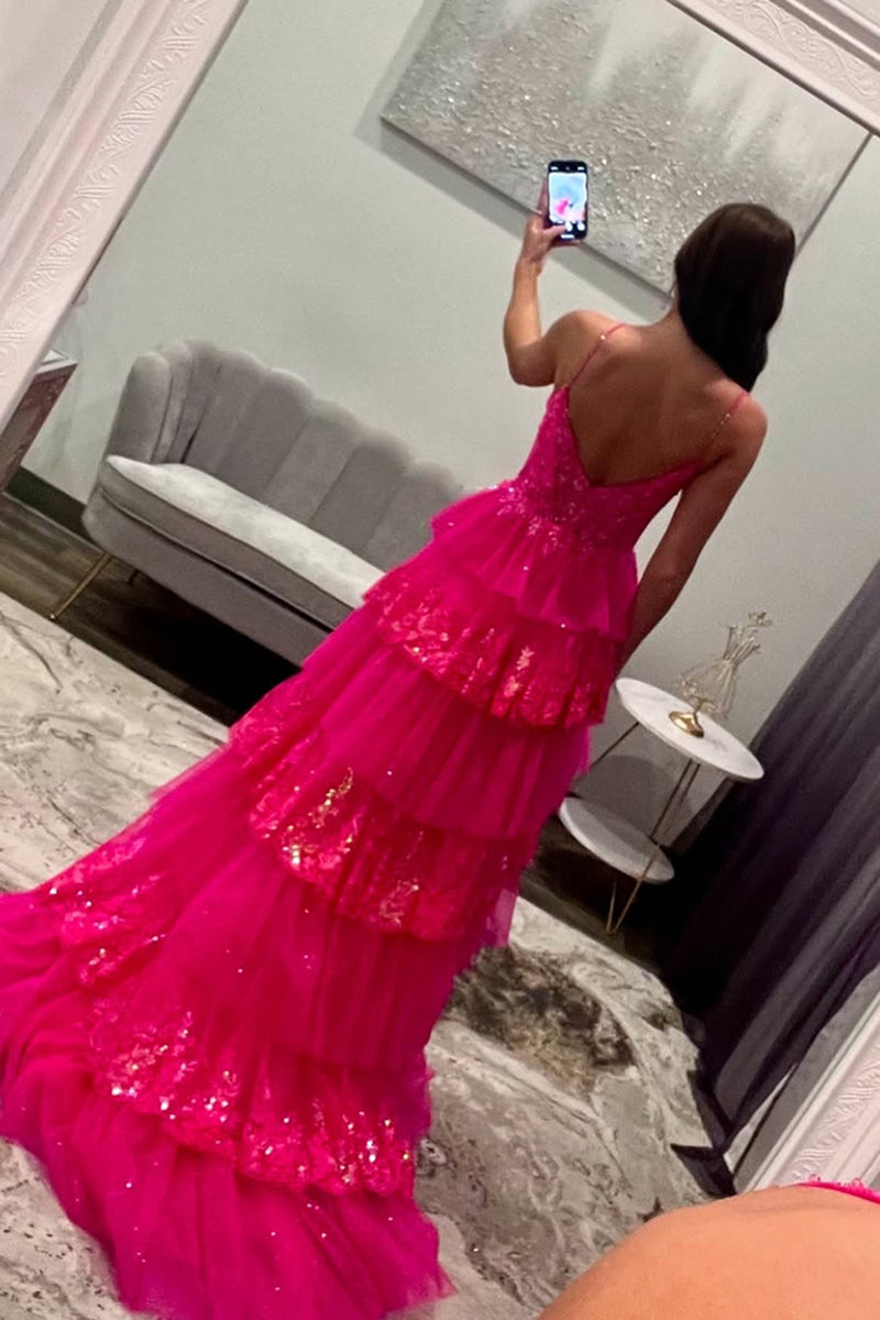 Load image into Gallery viewer, Princess Fuchsia Tulle Corset Long Ball Gown Prom Dress with Ruffles