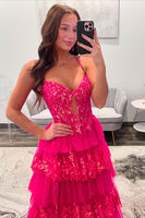 Load image into Gallery viewer, Princess Fuchsia Tulle Corset Long Ball Gown Prom Dress with Ruffles