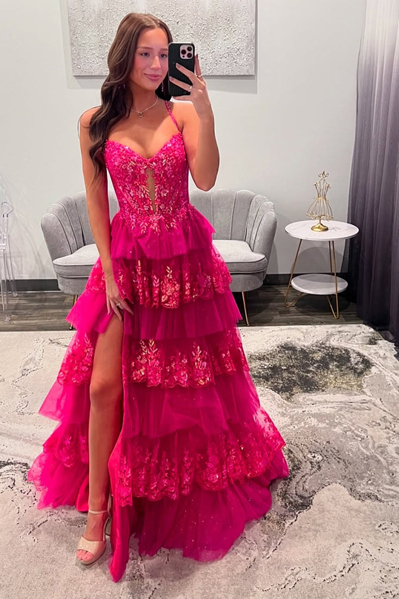 Load image into Gallery viewer, Princess Fuchsia Tulle Corset Long Ball Gown Prom Dress with Ruffles