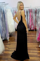Load image into Gallery viewer, Black Satin Spaghetti Straps Mermaid Long Prom Dress with Slit