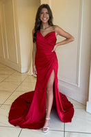 Load image into Gallery viewer, Red Satin Mermaid Ruched Long Prom Dress with Slit