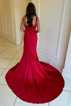 Red Satin Mermaid Ruched Long Prom Dress with Slit