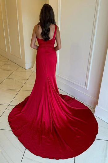 Red Satin Mermaid Ruched Long Prom Dress with Slit