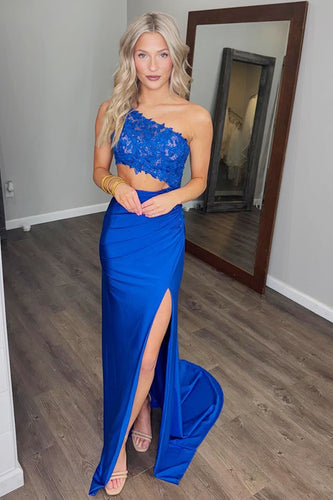 Royal Blue Satin Mermaid One Shoulder Long Prom Dress with Slit