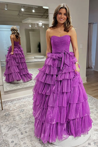 Princess Dark Purple Organza Long Ball Gown Prom Dress with Ruffles