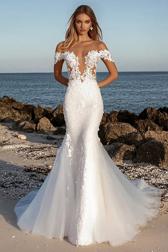 Ivory Mermaid Off the Shoulder Appliqued Wedding Dress with Lace