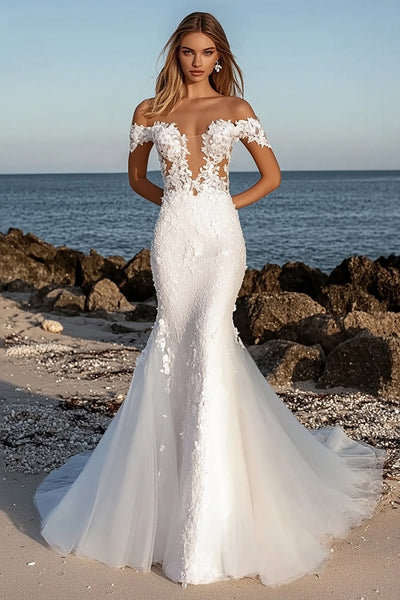 Ivory Mermaid Off the Shoulder Appliqued Wedding Dress with Lace