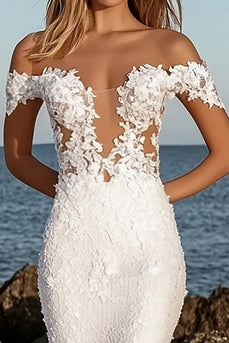 Ivory Mermaid Off the Shoulder Appliqued Wedding Dress with Lace