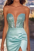 Load image into Gallery viewer, Sparkly Blue Corset Strapless Satin Long Prom Dress with Slit