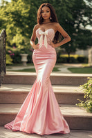 Load image into Gallery viewer, Blush Mermaid Sweetheart Satin Long Prom Dress with Bowknot