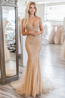 Load image into Gallery viewer, Sparkly Gold Sheath Strapless Floor Length Prom Dress