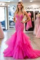 Load image into Gallery viewer, Mermaid Fuchsia Sparkly Corset Tiered Long Prom Dress