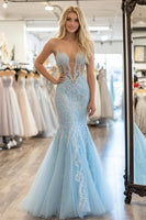 Load image into Gallery viewer, Sparkly Sky Blue Corset Mermaid Long Prom Dress