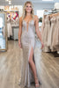 Load image into Gallery viewer, Sparkly Silver Sequin Corset Floor Length Prom Dress with Slit