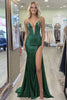 Load image into Gallery viewer, Sparkly Dark Green Deep V-Neck Corset Prom Dress with Slit