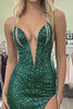 Load image into Gallery viewer, Sparkly Dark Green Deep V-Neck Corset Prom Dress with Slit
