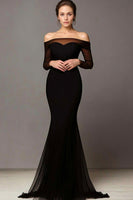 Load image into Gallery viewer, Elegant Black Mermaid Off the Shoulder Prom Dress with Sleeves