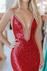 Load image into Gallery viewer, Red Sparkly Sequin Deep V-Neck Beaded Prom Dress with Slit