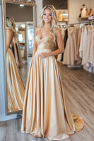 Load image into Gallery viewer, Gold Satin A Line Strapless Long Prom Dress