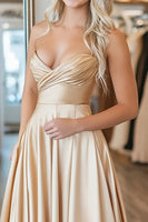 Load image into Gallery viewer, Gold Satin A Line Strapless Long Prom Dress
