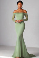 Load image into Gallery viewer, Sage Off the Shoulder Mermaid Prom Dress with Long Sleeves