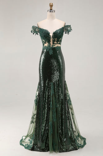 Sparkly Off the Shoulder Dark Green Mermaid Sequin Prom Dress