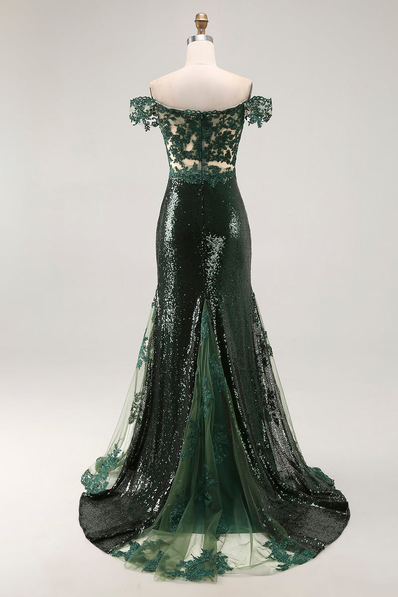 Load image into Gallery viewer, Sparkly Off the Shoulder Dark Green Sequins Mermaid Prom Dress