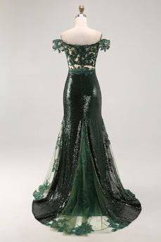 Sparkly Off the Shoulder Dark Green Mermaid Sequin Prom Dress