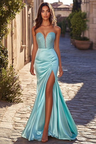 Blue Sweetheart Mermaid Satin Prom Dress with Slit