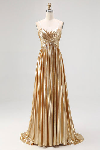 Gold Pleated Metallic Strapless A Line Long Prom Dress