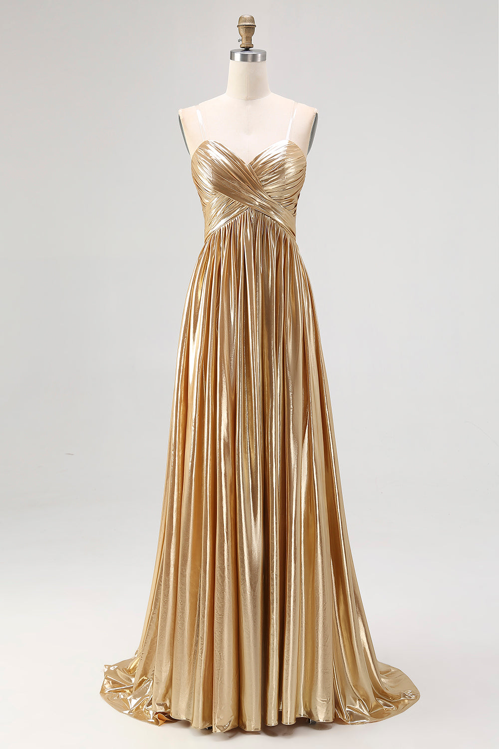Gold Pleated Metallic Strapless A Line Long Prom Dress