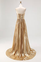 Load image into Gallery viewer, Gold Pleated Metallic Strapless A Line Long Prom Dress