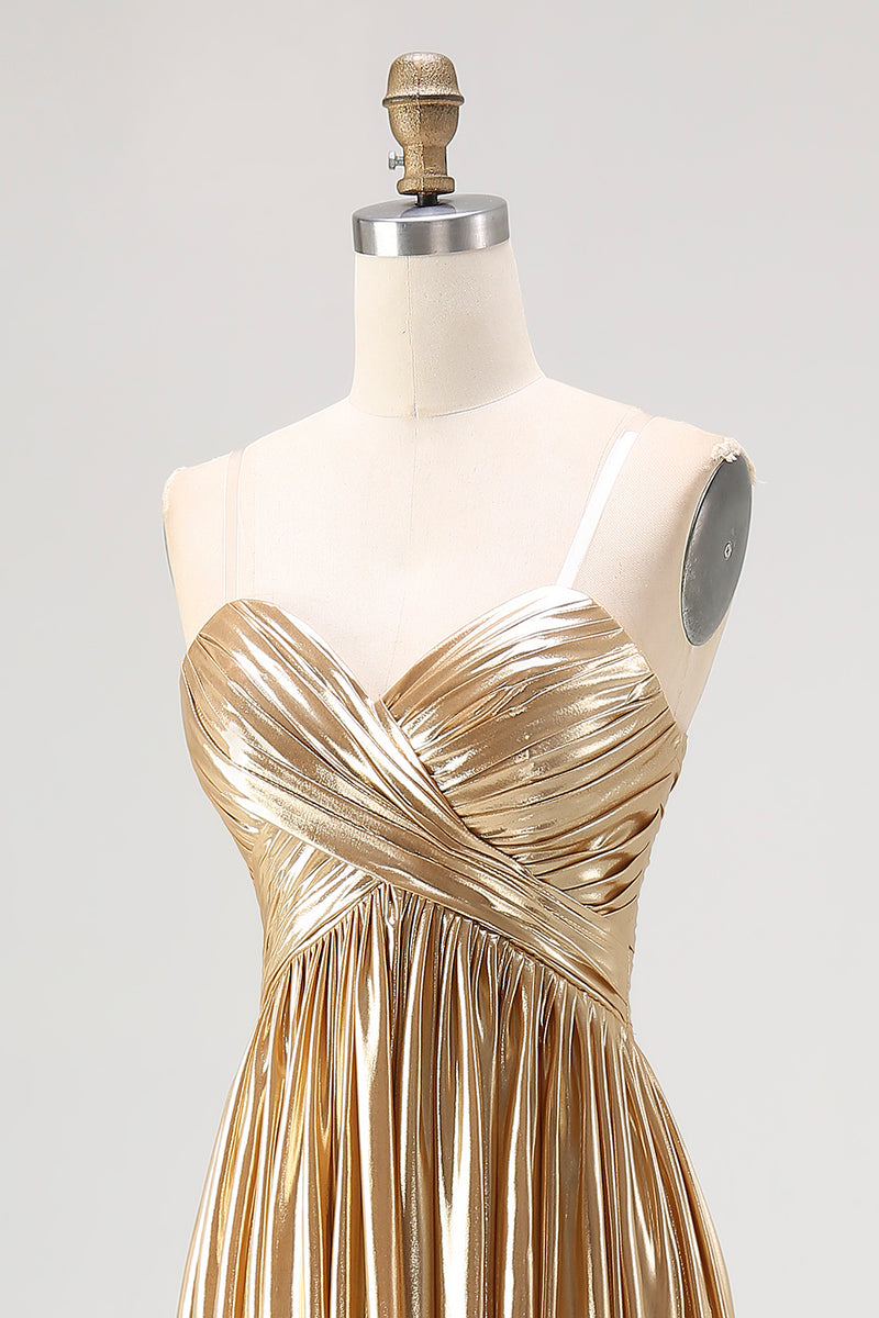Load image into Gallery viewer, Gold Pleated Metallic Strapless A Line Long Prom Dress