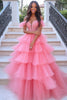 Load image into Gallery viewer, Women Coral Ruffled Appliqued Floor Length Prom Dress with Beading Off The Shoulder A Line Sweet 16 Dress