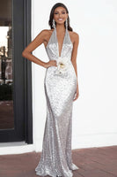 Load image into Gallery viewer, Women Sparkly Silver Sheath V-Neck Halter Prom Dress with 3D Flowers Sequined Sleevesless Gala Dress