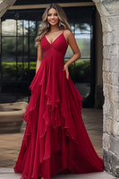 Load image into Gallery viewer, Red A Line Chiffon Spaghetti Straps Prom Dress with Ruffles