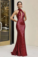 Load image into Gallery viewer, Sparkly Halter Burgundy Sheath Halter Prom Dress with 3D Flowers