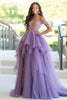 Load image into Gallery viewer, Grey Purple Off the Shoulder Tulle Ruffled Ball Gown Prom Dress