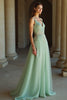 Load image into Gallery viewer, Sage V-Neck Tulle Applique A Line Floor Length Prom Dress