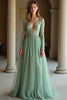 Load image into Gallery viewer, Sage V-Neck Applique Long Sleeves A Line Prom Dress