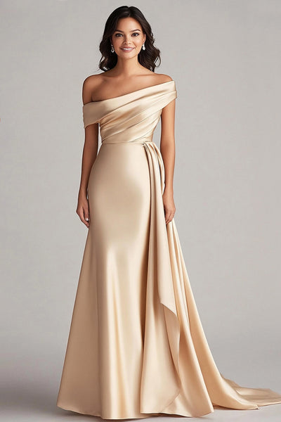 Women Champagne Satin Formal Dress with Side Cape Mermaid Off the Shoulder Ruched Sweep Train Gala Ball Dress