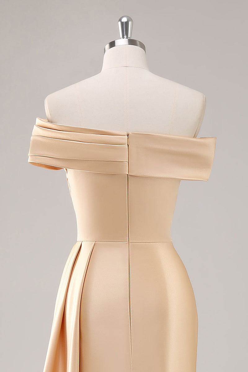 Load image into Gallery viewer, Off the Shoulder Champagne Long Satin Formal Dress with Side Cape