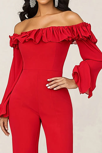 Red Off the Shoulder Chiffon Prom Pansuit with Long Sleeves